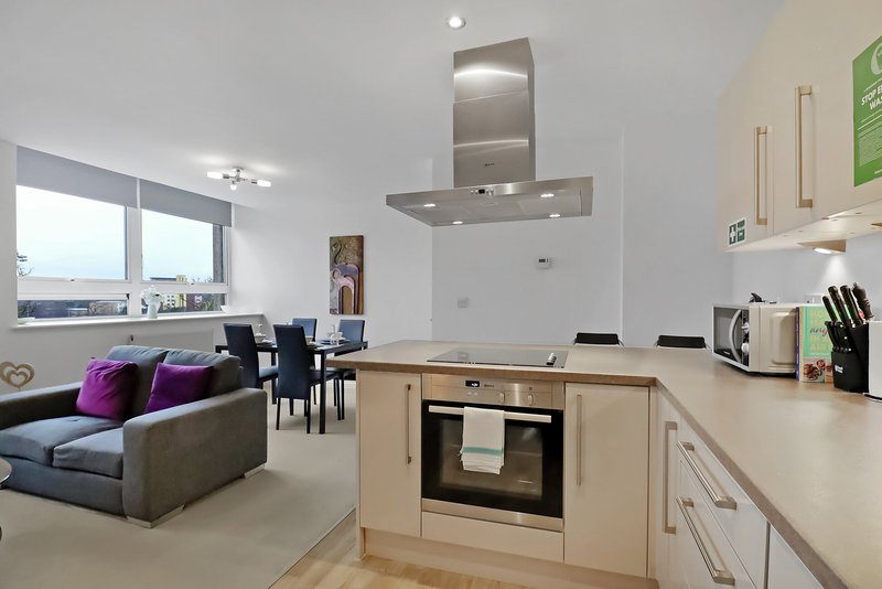 Modern open-plan kitchen and living area with wooden cabinetry, stainless steel range hood, and purple accent cushions