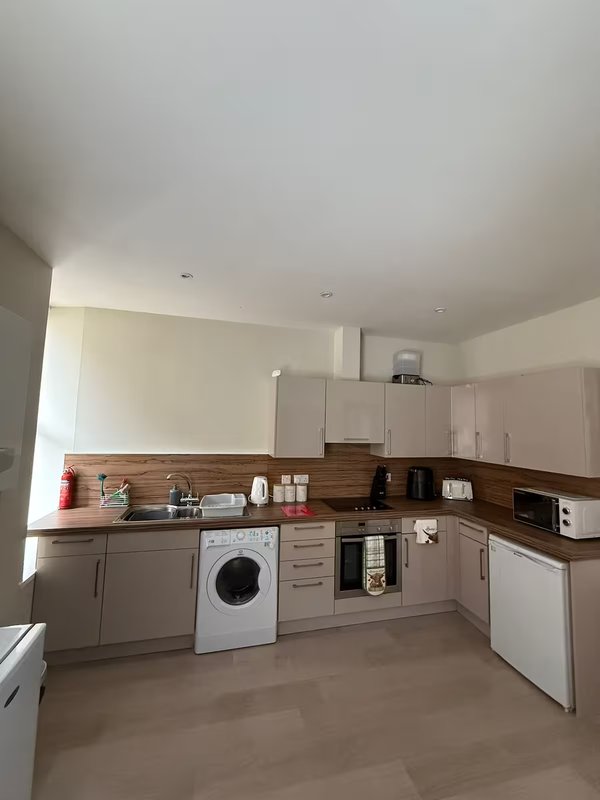 Modern kitchen with white cabinets, wooden backsplash, integrated appliances and washing machine