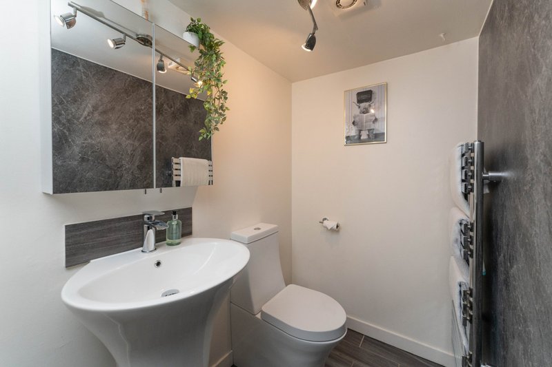 Modern bathroom with white oval sink, mirror, toilet, and heated towel rack