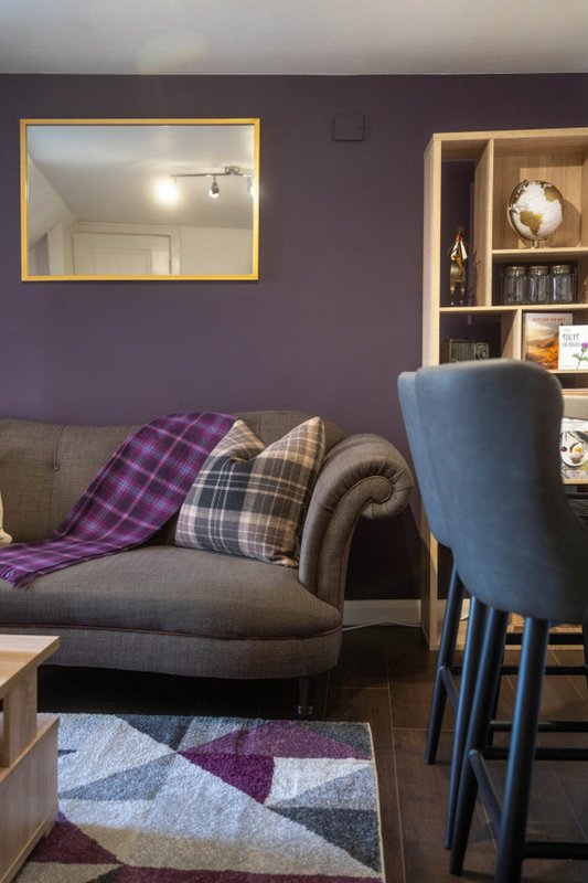 Living room with grey sofa, purple and checked cushions, blue armchair, and shelving unit