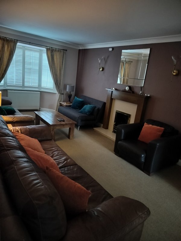 Living room with brown leather sofa, fireplace, mirror, windows with curtains and cushions