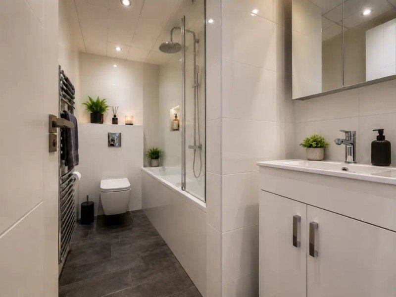 Modern bathroom with white tiles, walk-in shower, vanity sink and toilet