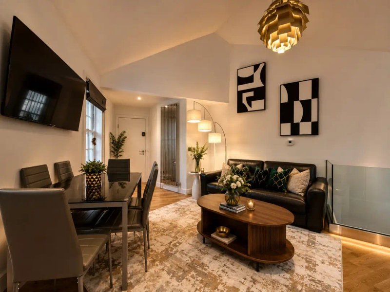 Modern living room with black sofa, wooden coffee table, dining area and wall-mounted TV