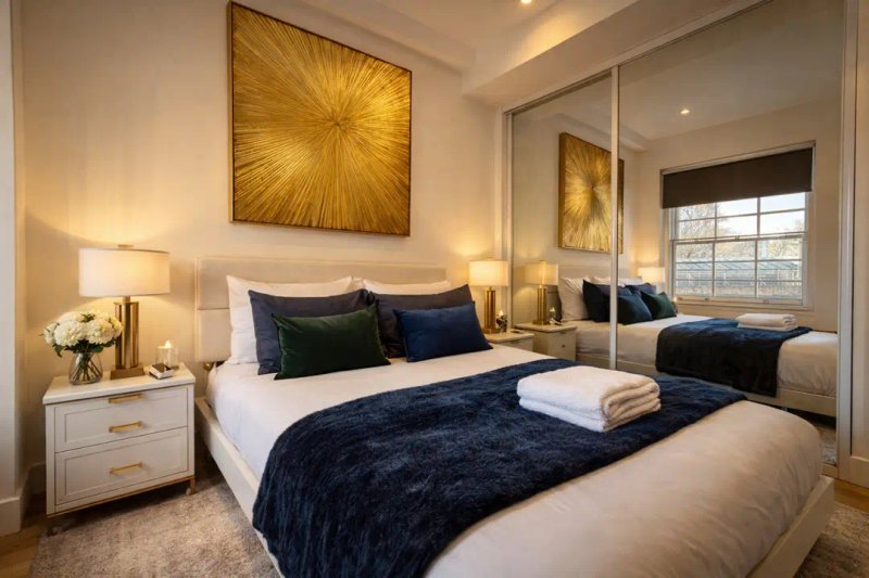 Modern bedroom with double bed, navy bedding, mirrored wardrobe and gold artwork