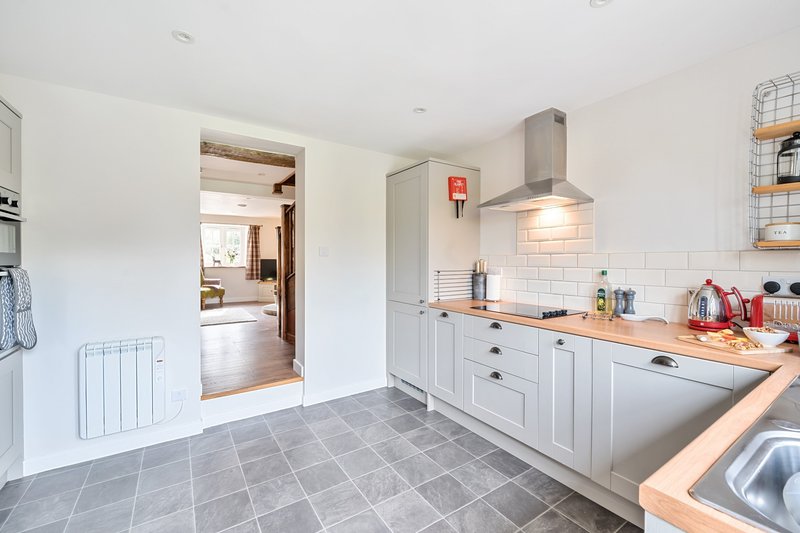 Modern kitchen with white cabinetry, stainless steel extractor hood and wooden countertops