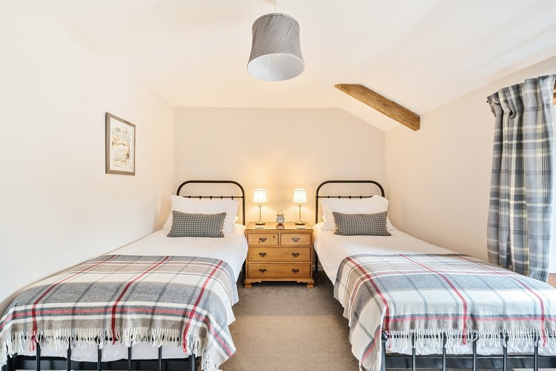 Twin bedroom with two single beds, wooden nightstand, ceiling lamp and checked bedding