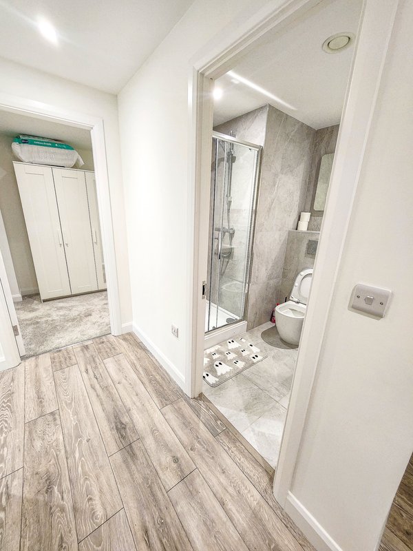 Modern bathroom with shower cubicle, toilet, and wood-effect flooring in hallway