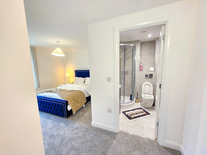 Modern bedroom with blue upholstered bed, ensuite bathroom visible through open door