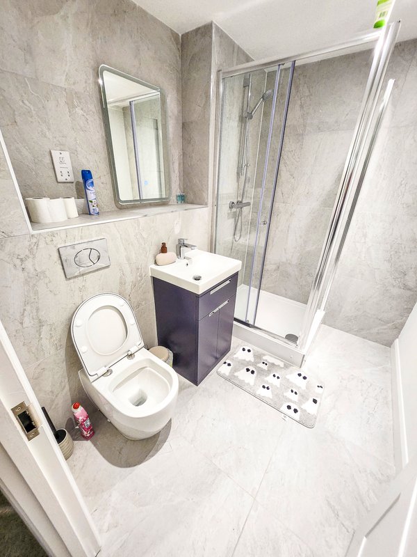 Modern bathroom with toilet, vanity sink, mirror, and walk-in shower enclosure