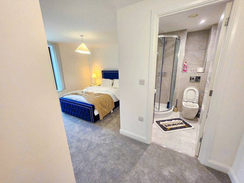 Modern bedroom with blue bed, ensuite bathroom with shower, pendant lighting and grey carpet