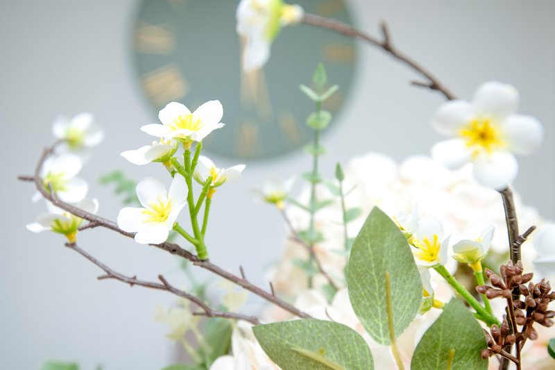 Close-up of white and yellow flowering plant branches with green leaves indoors
