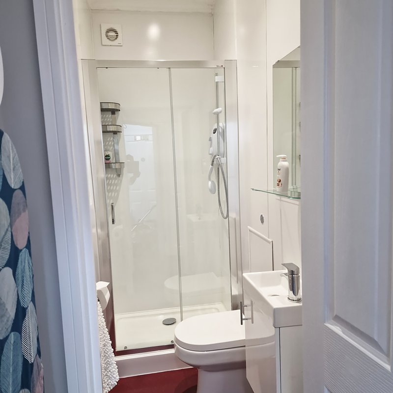 Clean modern bathroom with shower cubicle, toilet, sink and red bath mat