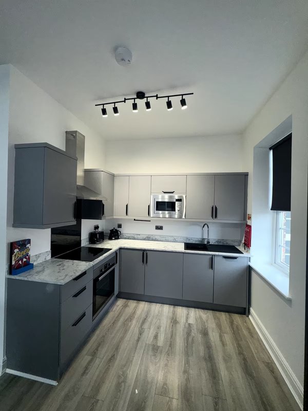 Modern kitchen with gray cabinetry, white countertops, stainless steel appliances and wooden flooring