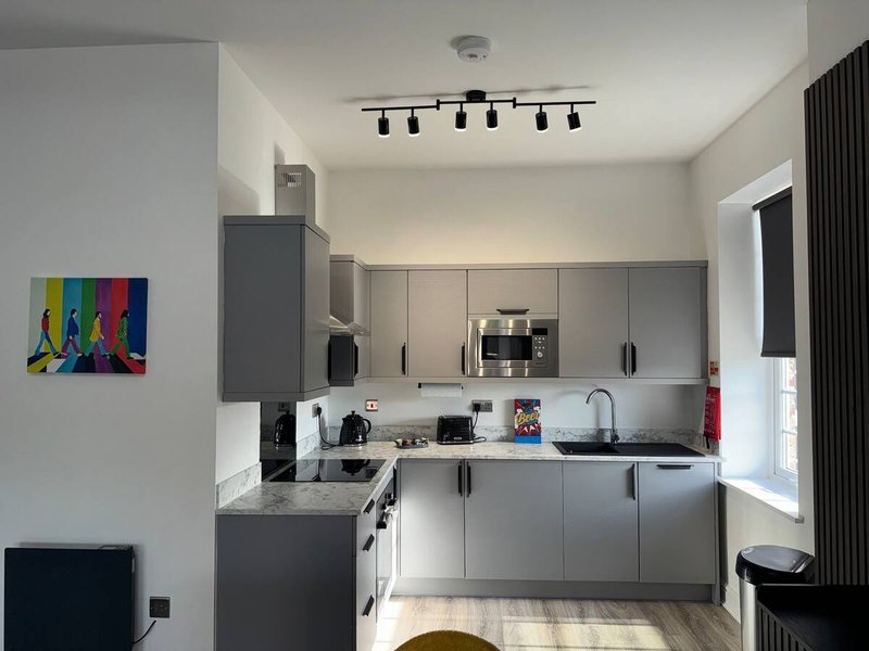 Modern kitchen with grey cabinetry, black countertops, stainless steel appliances and pendant lighting