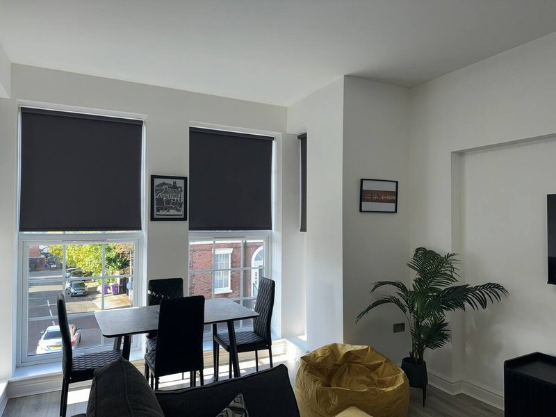 Modern dining area with black table, chairs, windows with blinds and potted plant