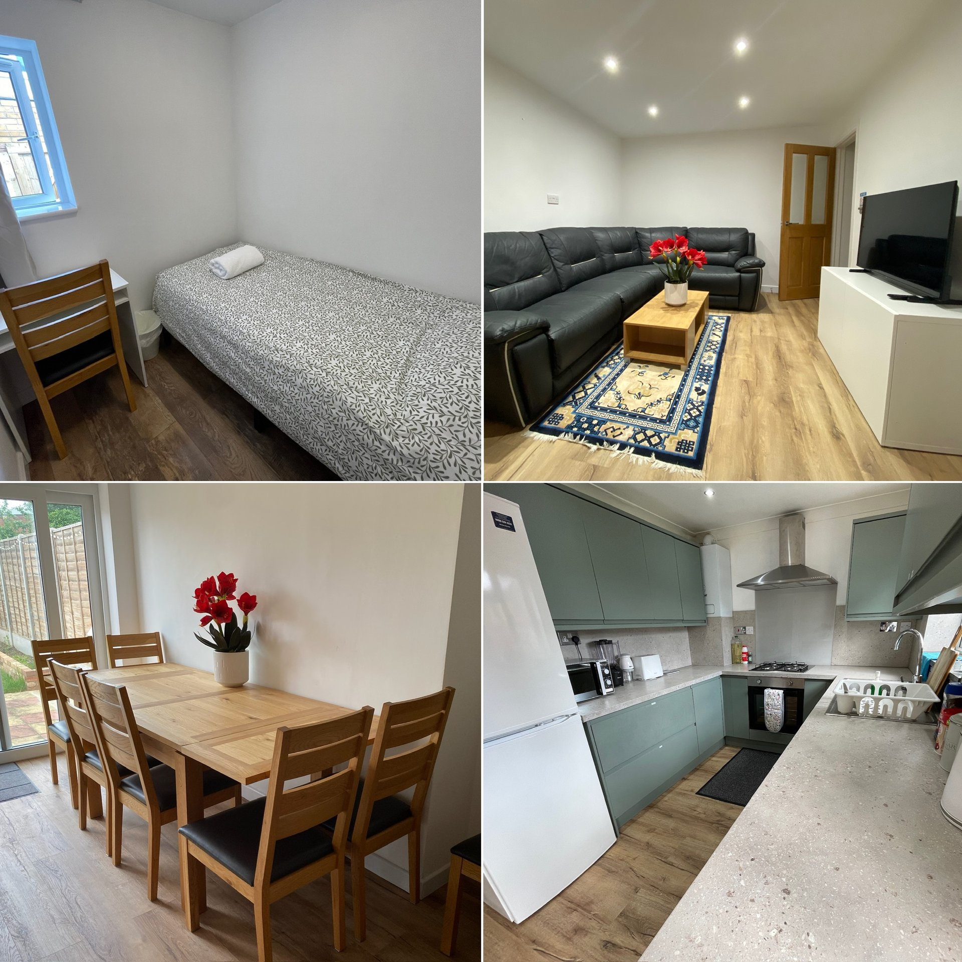Four-panel property collage showing bedroom, living room, dining area, and kitchen