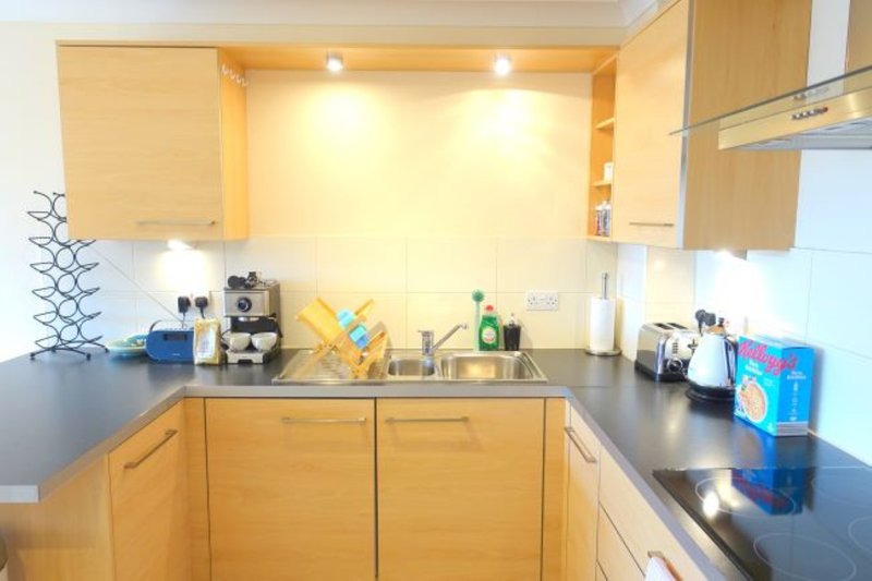 Modern kitchen with light wood cabinets, dark countertops, and various appliances and utensils
