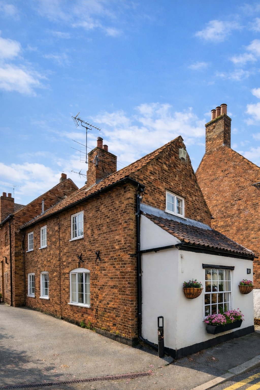 Exterior of brick cottage with white rendered corner section and traditional chimneys