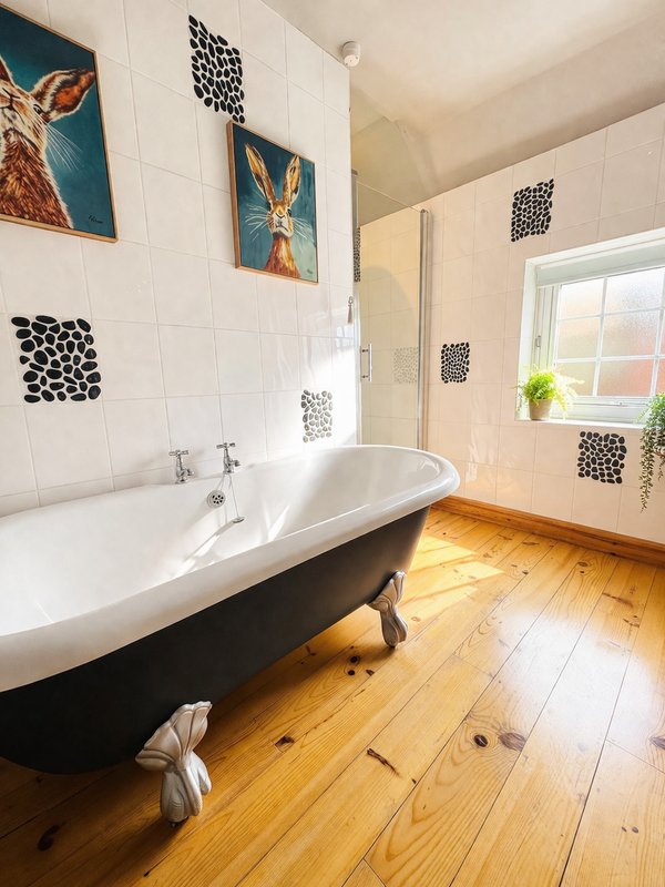 Spacious bathroom with freestanding black and white bathtub, white tile walls, framed artwork, and wooden flooring