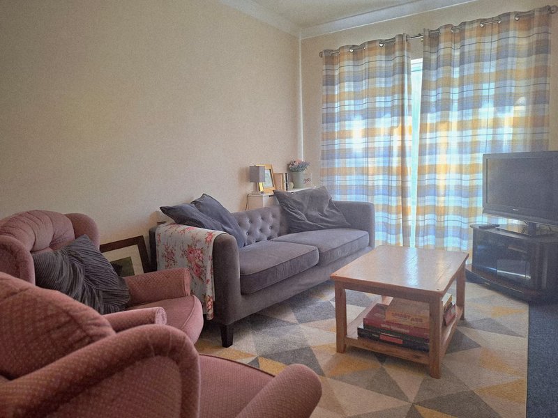 Living room with pink armchair, gray sofa, wooden coffee table, TV and checkered curtains
