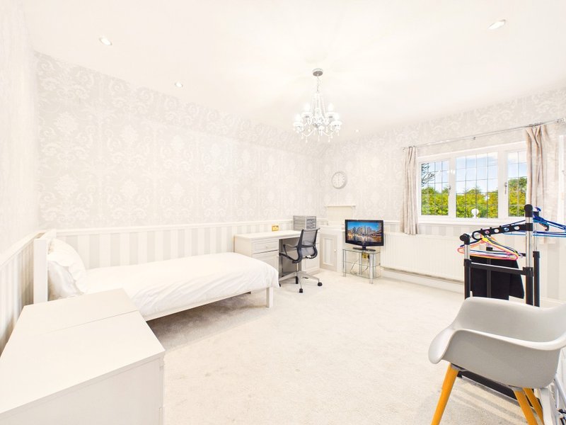 Bright bedroom with single bed, desk, chair, and large window overlooking garden