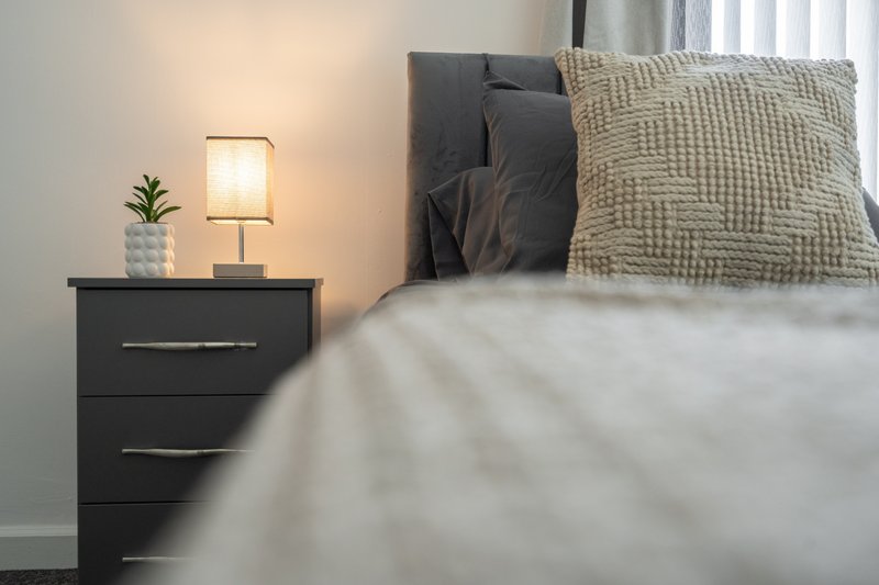 Bedroom with black nightstand, lamp, small plant, and bed with neutral bedding and cushions