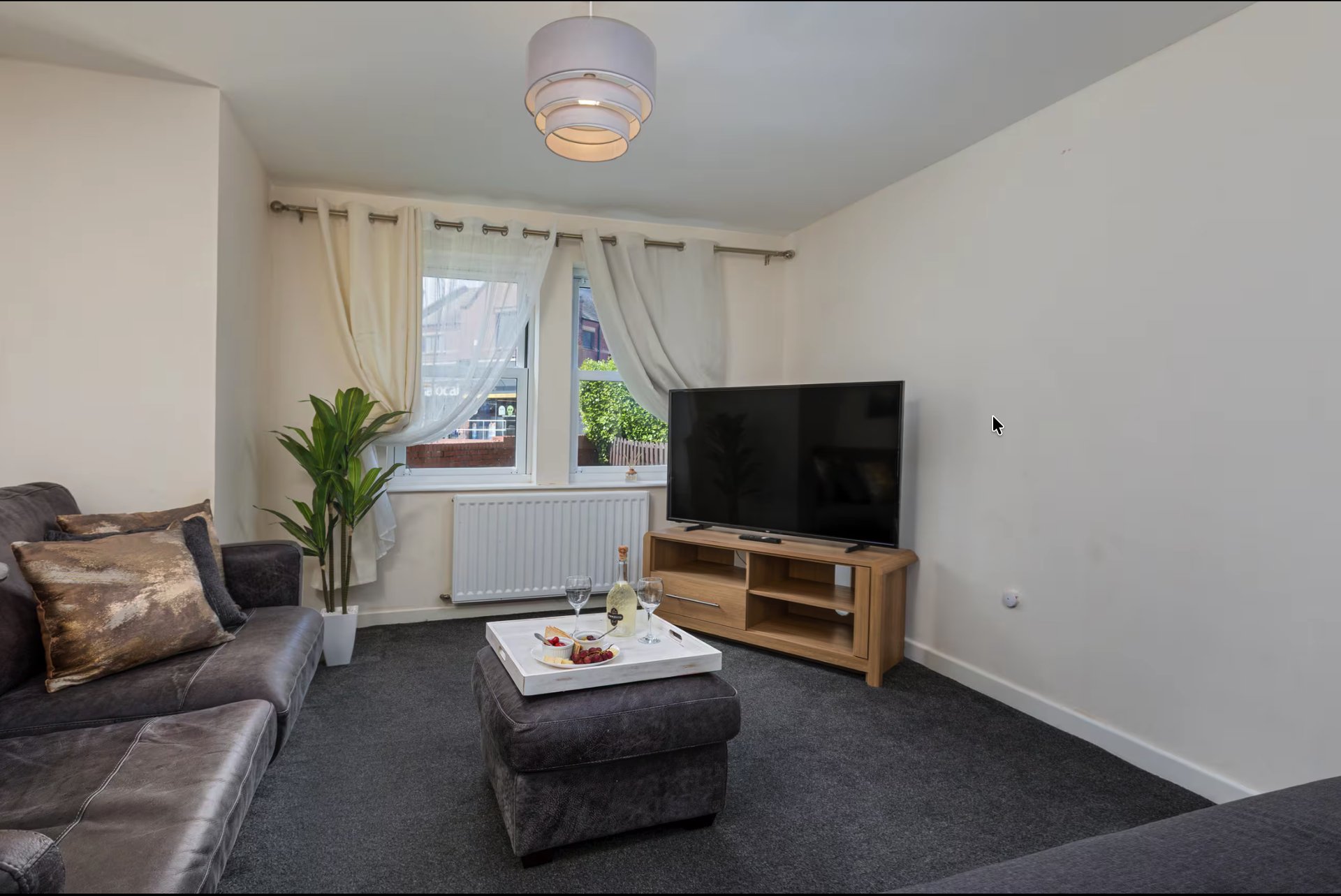 Living room with grey sofa, TV stand, coffee table and potted plant by window
