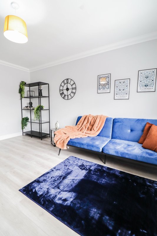 Bright living room with blue sofa, orange throws, wall clock, plant shelving and area rug