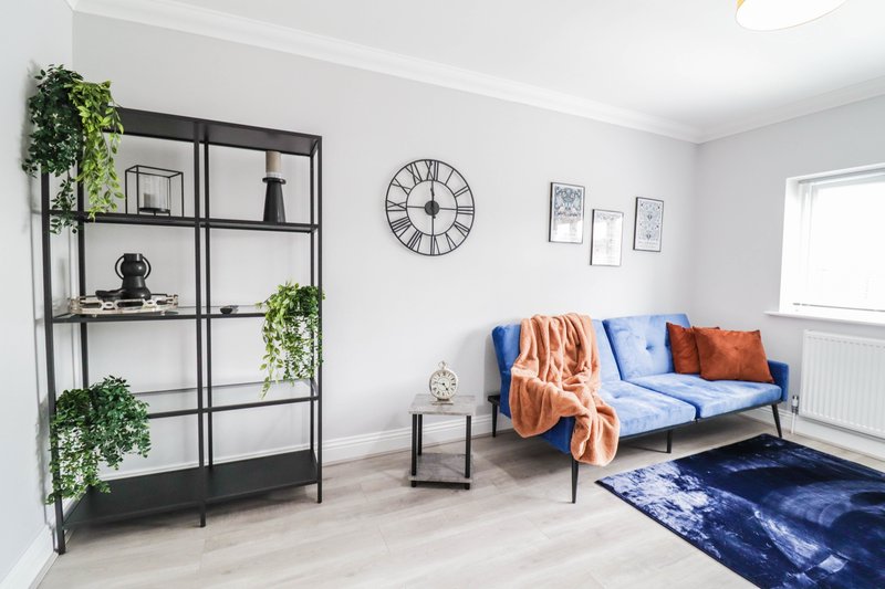 Bright living room with blue sofa, black shelving unit with plants, wall clock and decorative cushions