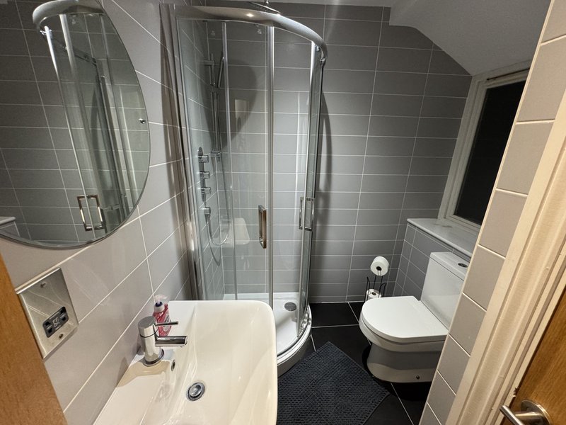 Modern bathroom with curved shower enclosure, white sink, toilet and dark tile flooring