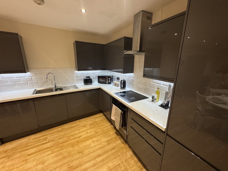 Modern kitchen with dark cabinetry, white subway tile backsplash, wooden flooring and stainless steel appliances