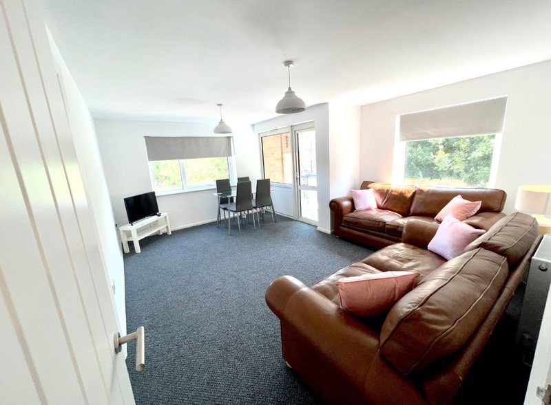 Open-plan living room with brown leather sofas, dining area, and large windows