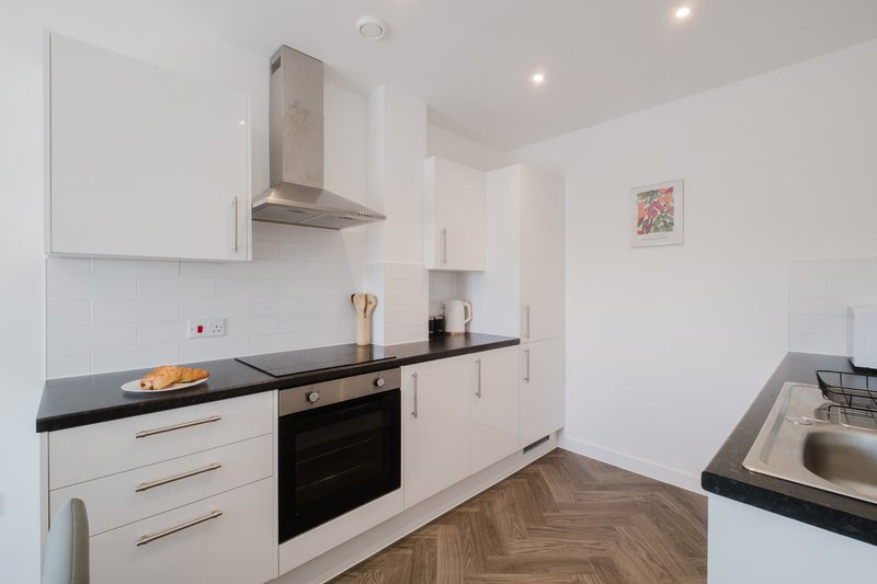Modern kitchen with white cabinets, black countertop, stainless steel appliances and wooden flooring