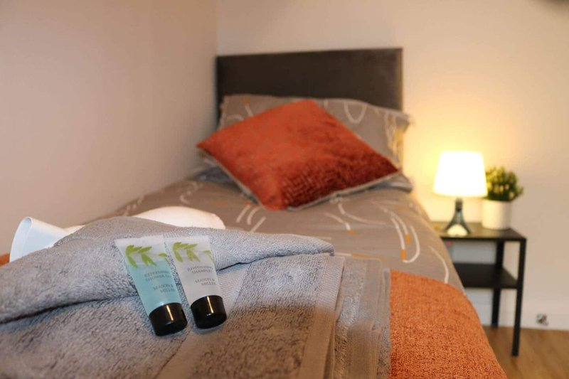 Bedroom with double bed, red cushion, bedside table with lamp and potted plant