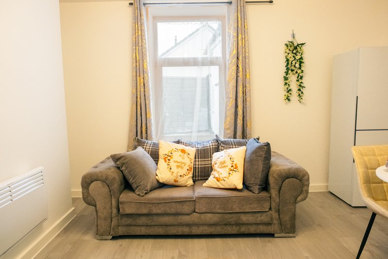 Living room with grey Chesterfield sofa, cushions, window with curtains, hanging plant