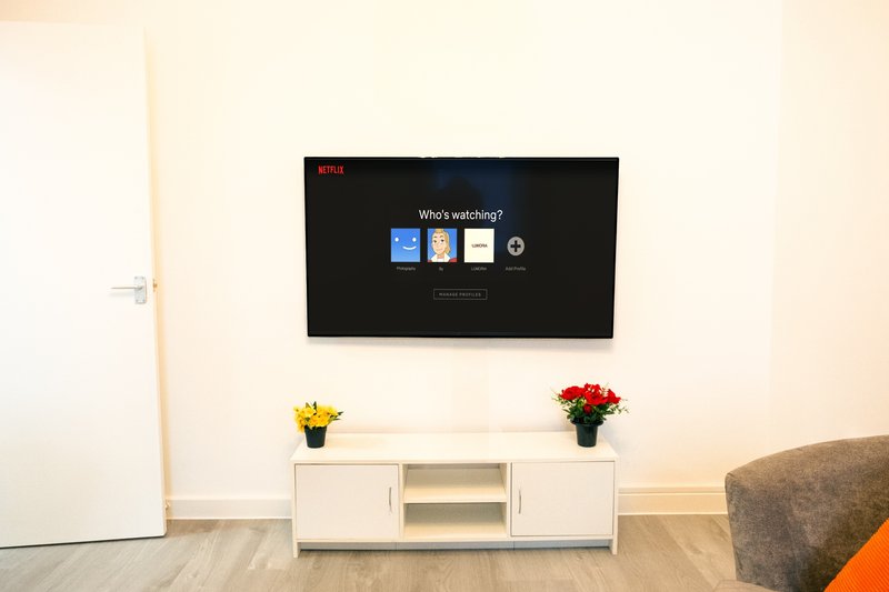 Living room with wall-mounted TV, white media console, potted flowers, and partial sofa view