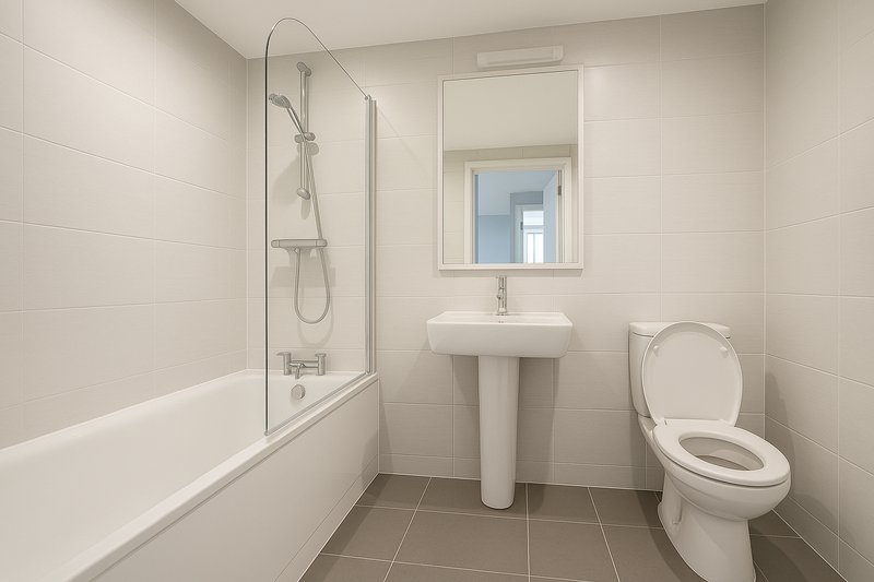 Clean bathroom with bathtub, shower screen, pedestal sink, toilet and mirror
