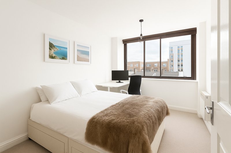 Bright bedroom with double bed, brown fur throw, desk by window overlooking city street