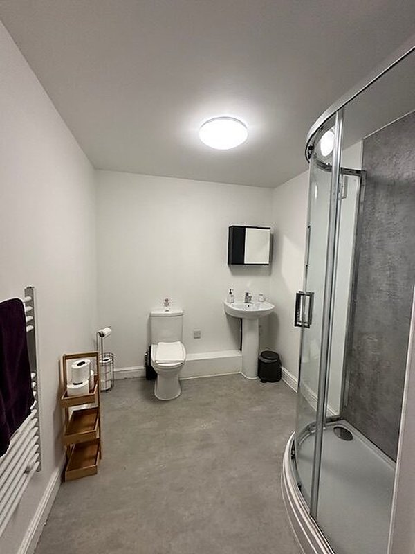 Modern bathroom with shower enclosure, toilet, pedestal sink and heated towel rail