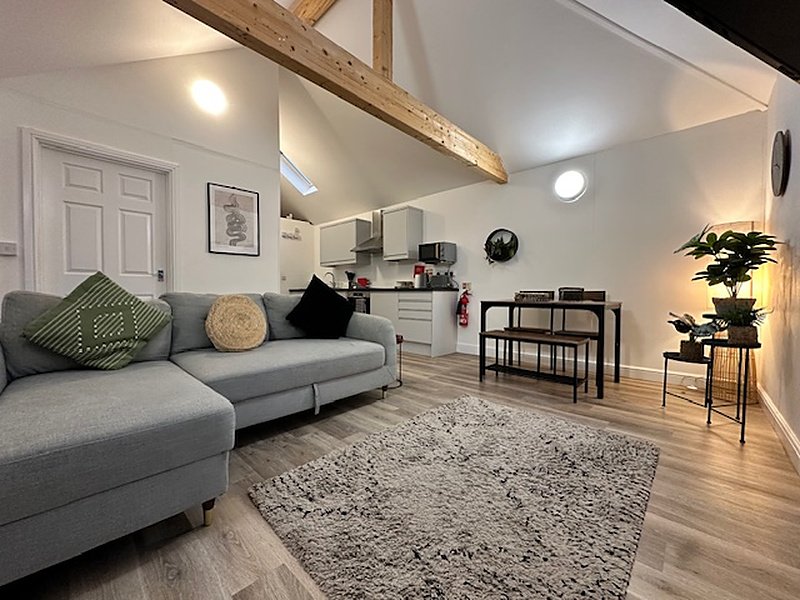 Open-plan living room with gray sectional sofa, wooden beams, potted plant, and dining table