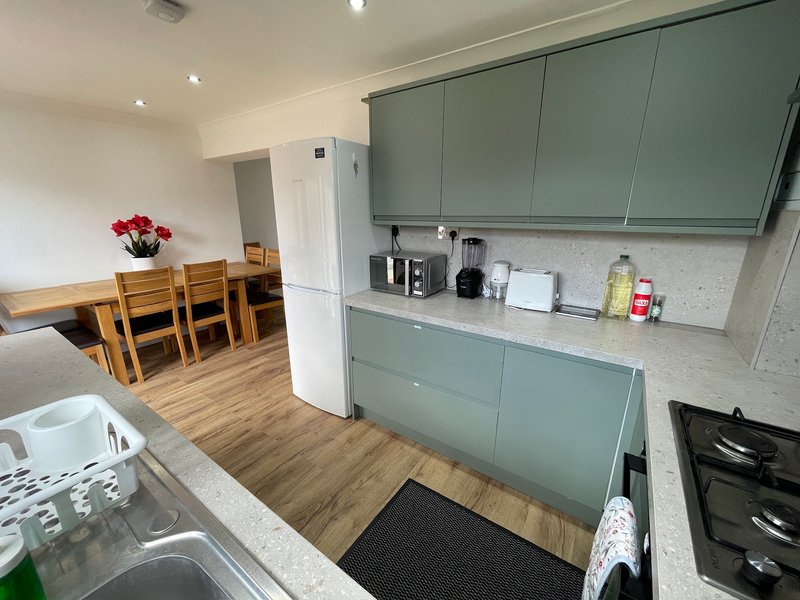 Modern kitchen with sage-green cabinetry, white appliances, and open-plan dining area with wooden table