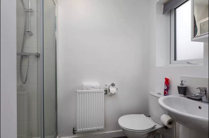 Clean modern bathroom with shower enclosure, toilet, radiator and white sink