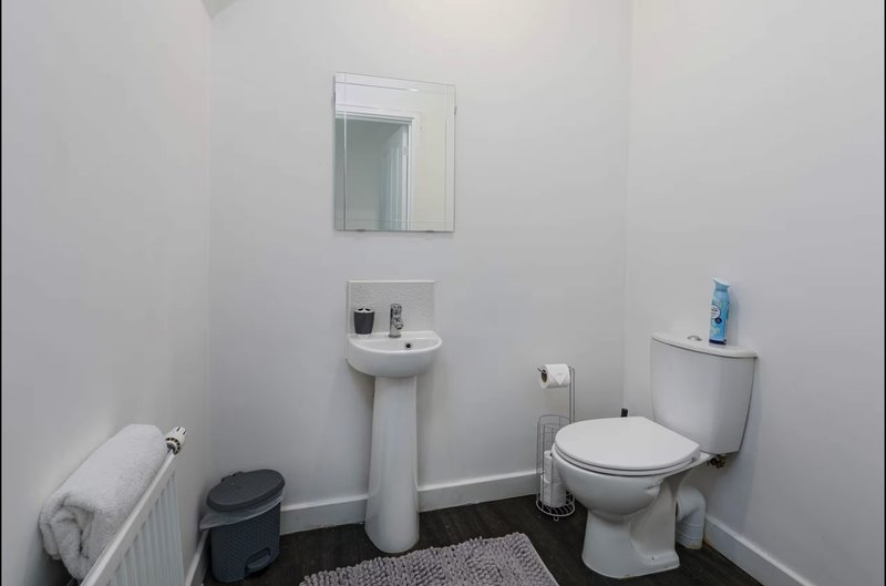 Clean bathroom with pedestal sink, toilet, mirror, and radiator