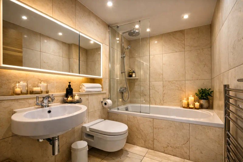Luxury bathroom with illuminated mirror, round sink, toilet, bathtub and marble tiling