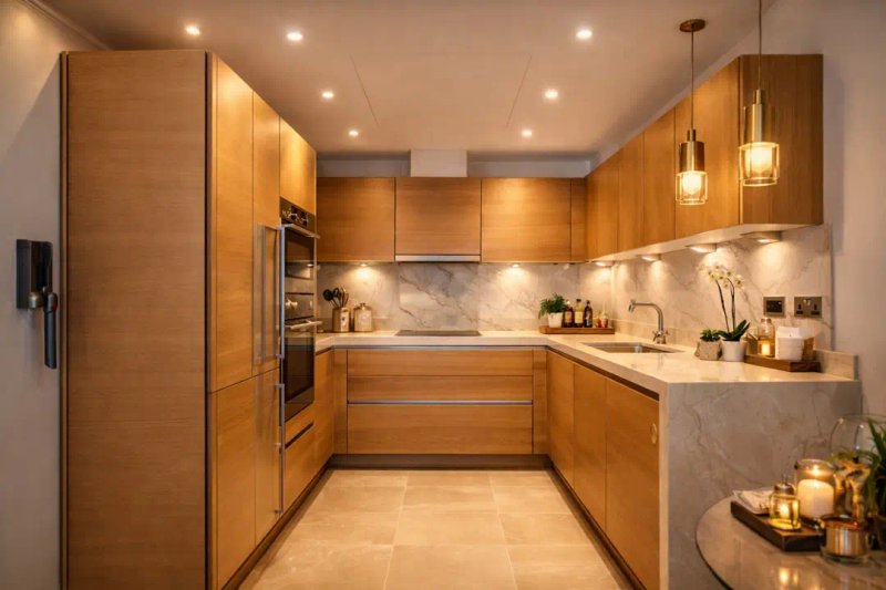 Modern kitchen with wooden cabinetry, marble countertop, stainless steel appliances and pendant lighting