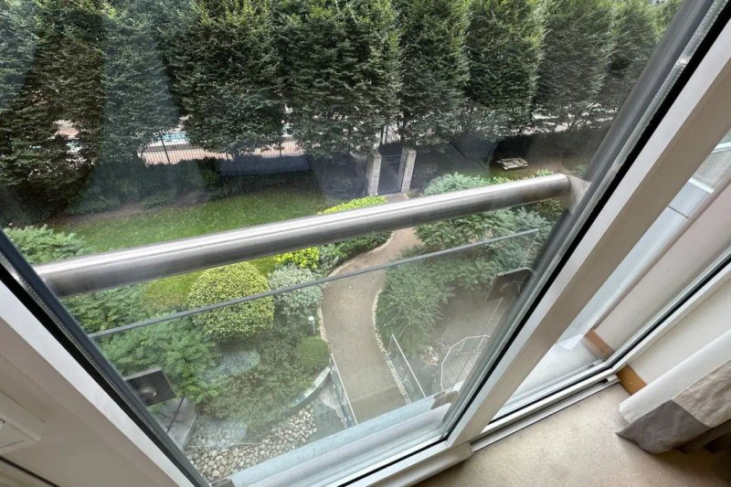 Window view overlooking garden pathway with trees and hedges