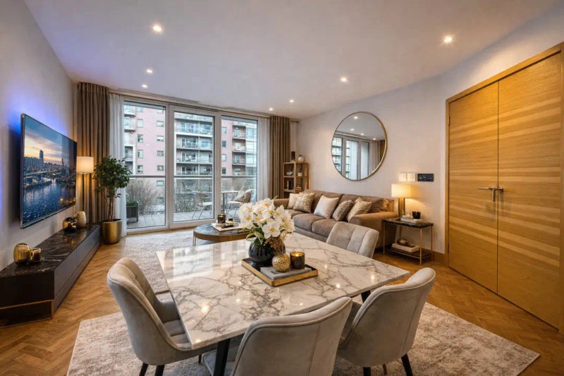 Modern living space with dining table, sofa, TV, wooden wardrobe and city views