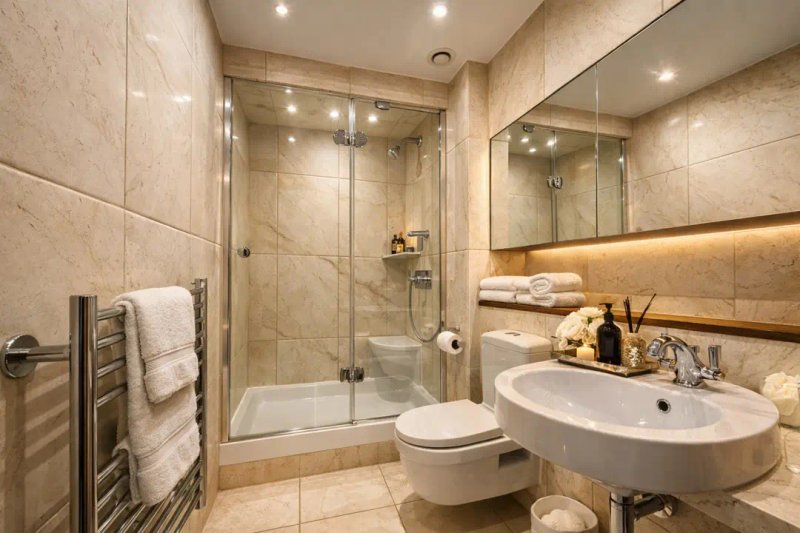 Modern bathroom with marble tiles, glass shower enclosure, curved sink and heated towel rail