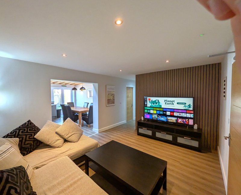 Modern living room with sofa, flat-screen TV, wooden flooring and open-plan layout