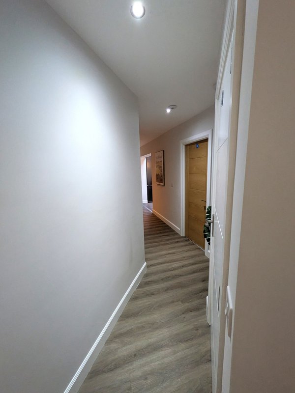 Modern hallway with wooden doors, recessed lighting and laminate flooring